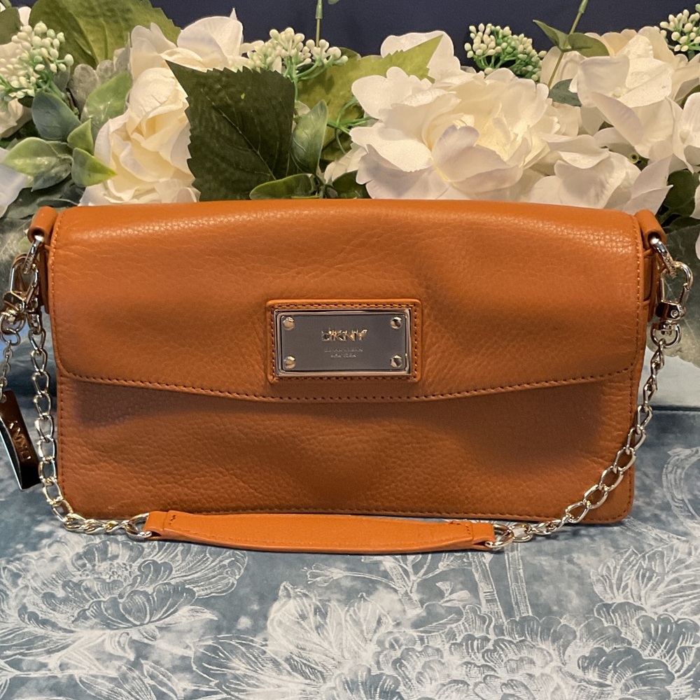 DKNY Cognac Leather Clutch with Chain Strap